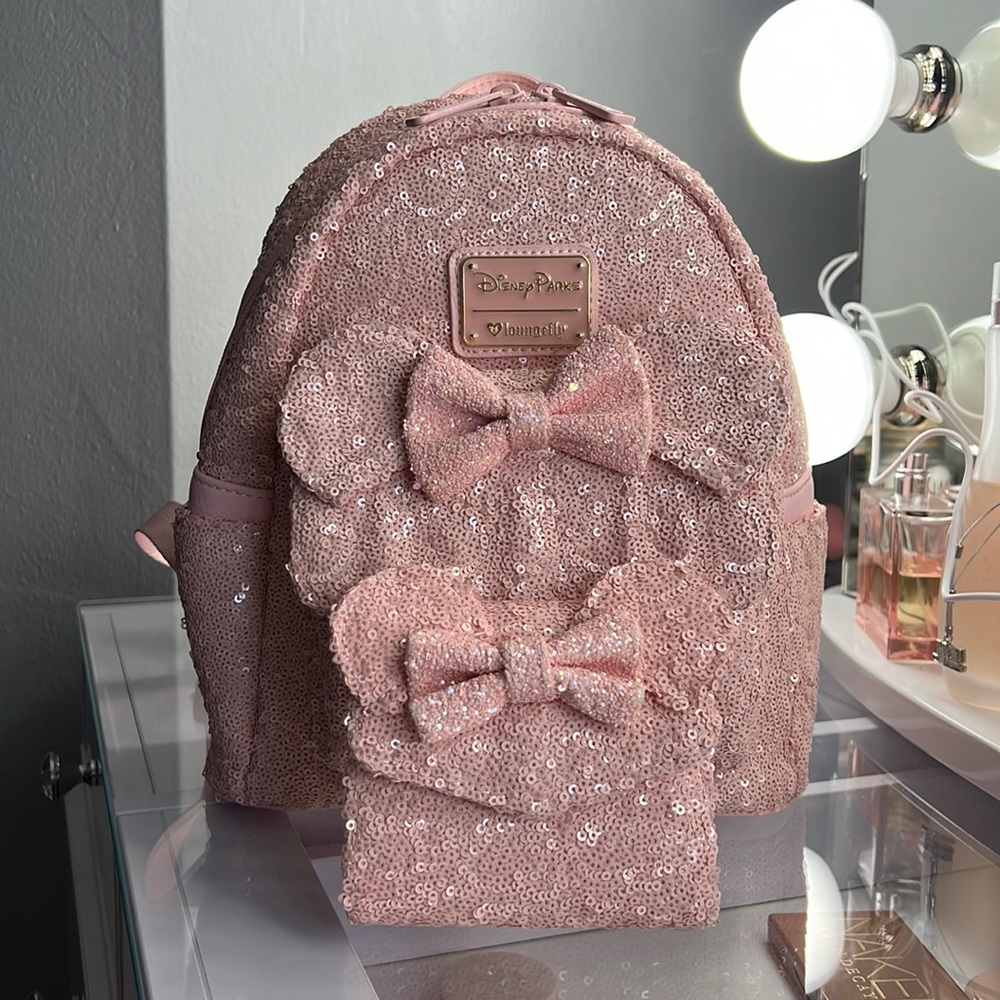 Disney Parks Loungefly Millennial Pink Sequin Mini Backpack and Wallet Set